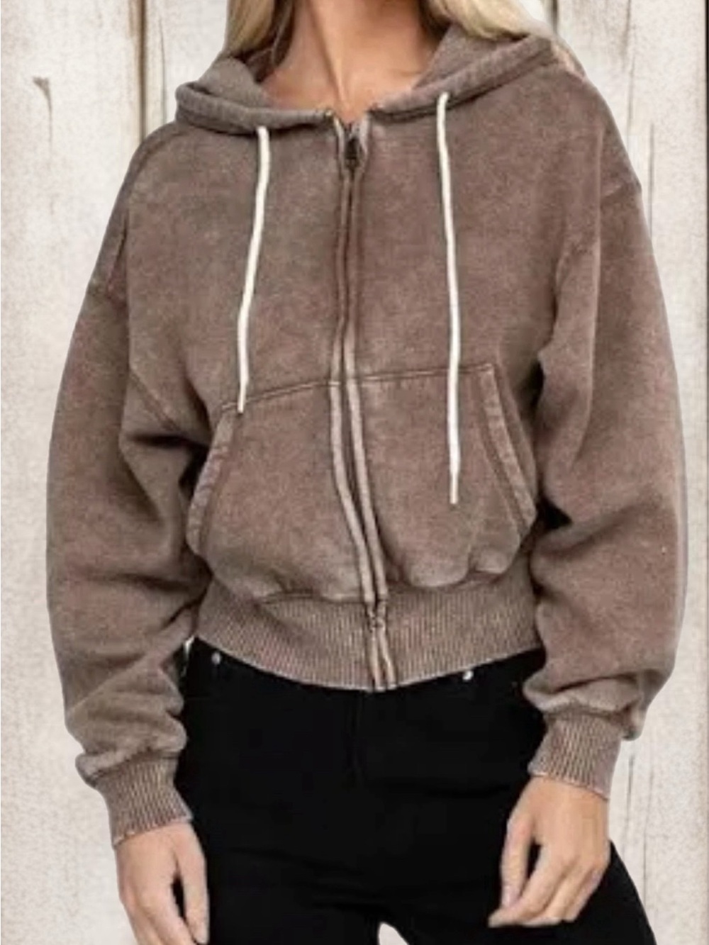 NWT Zenana Acid Washed Mocha Zip-Up Hoodie Size Large
